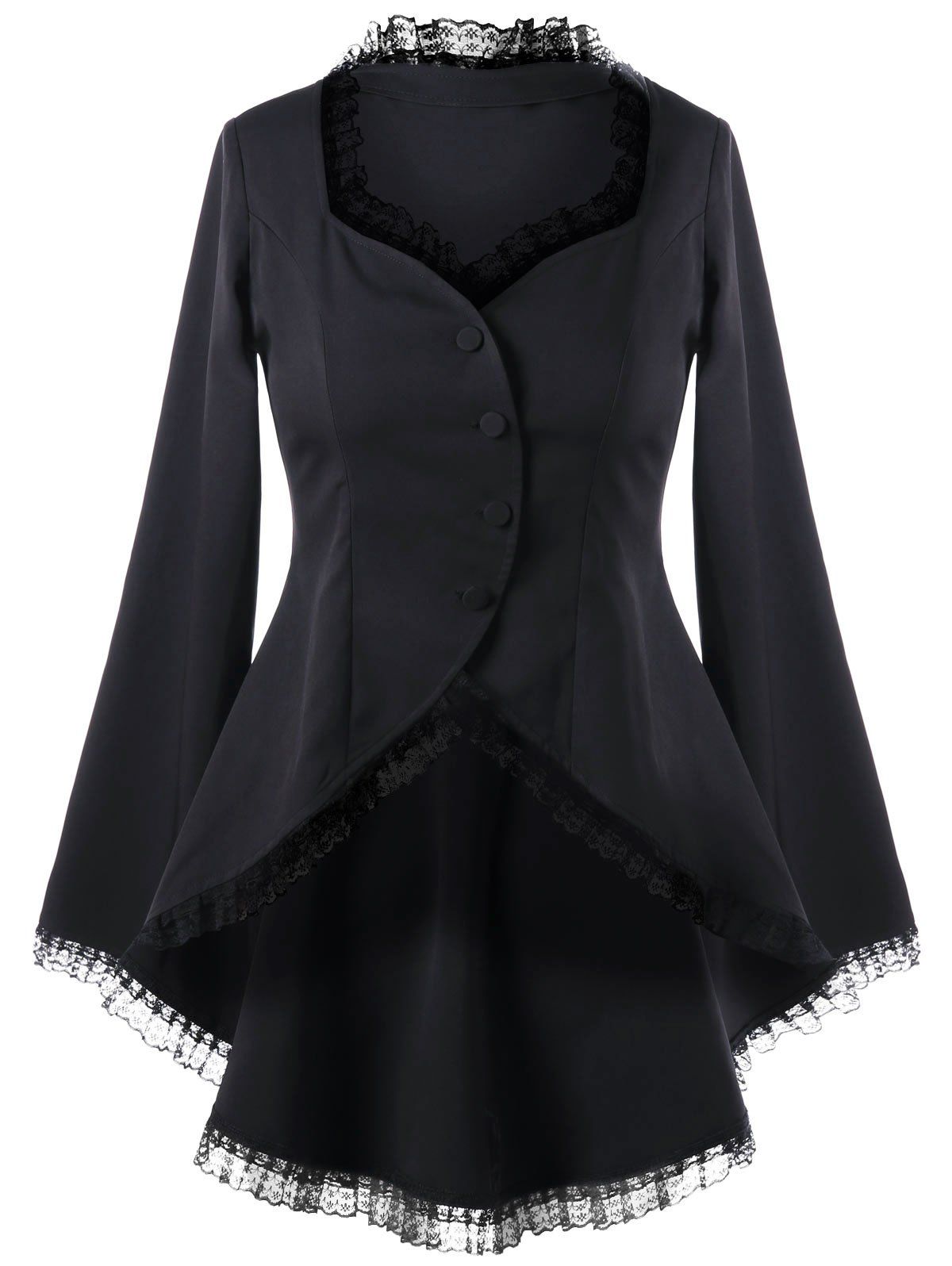 

Sweetheart Neck Lace Trim Dip Hem Coat, Black