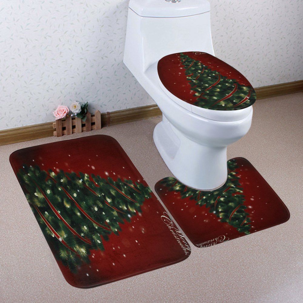 

Christmas Pine Tree Pattern 3 Pcs Bath Mat Toilet Mat, Colormix
