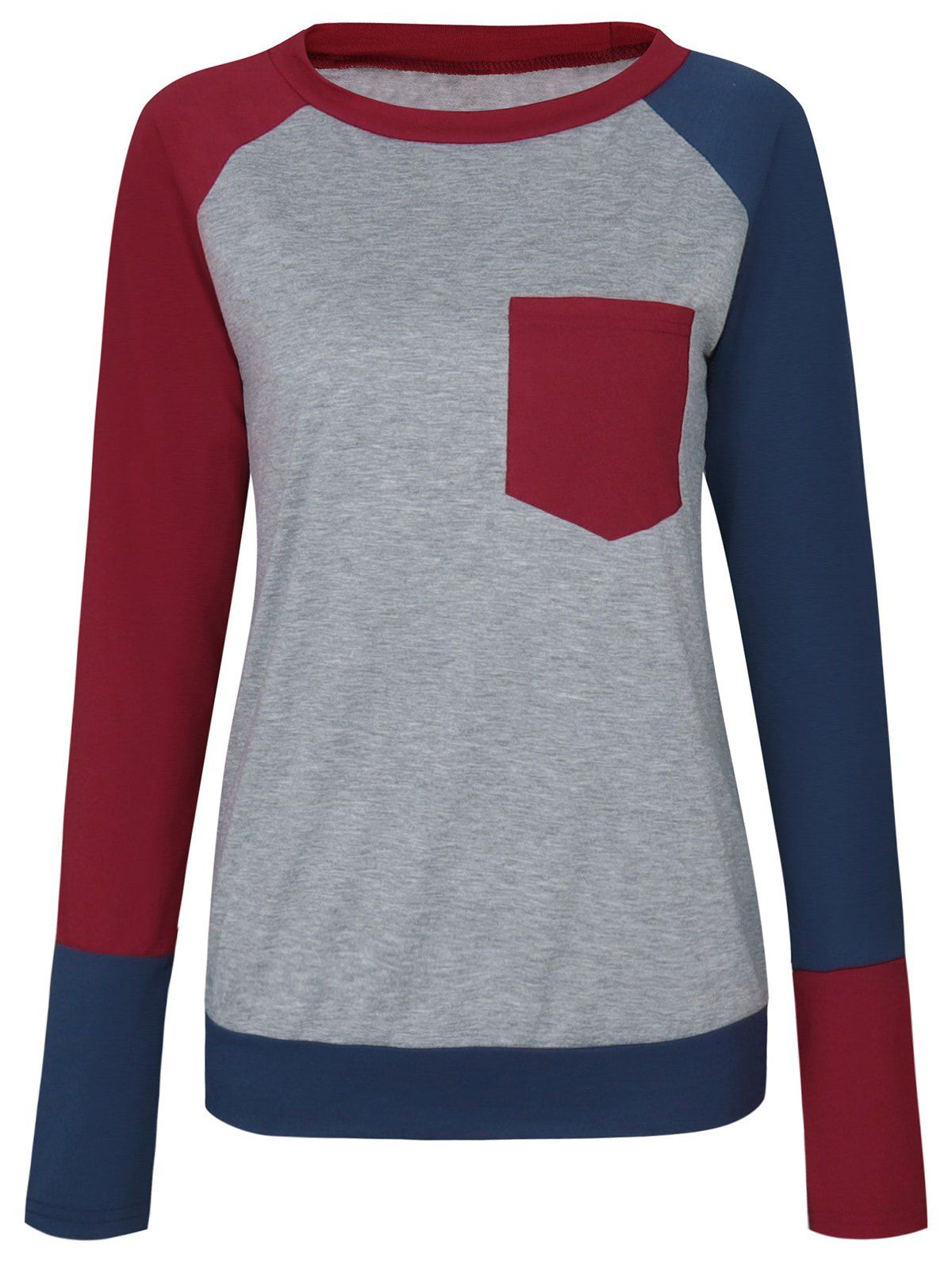 

Pocket Color Block Raglan Sleeve T-shirt, Wine red