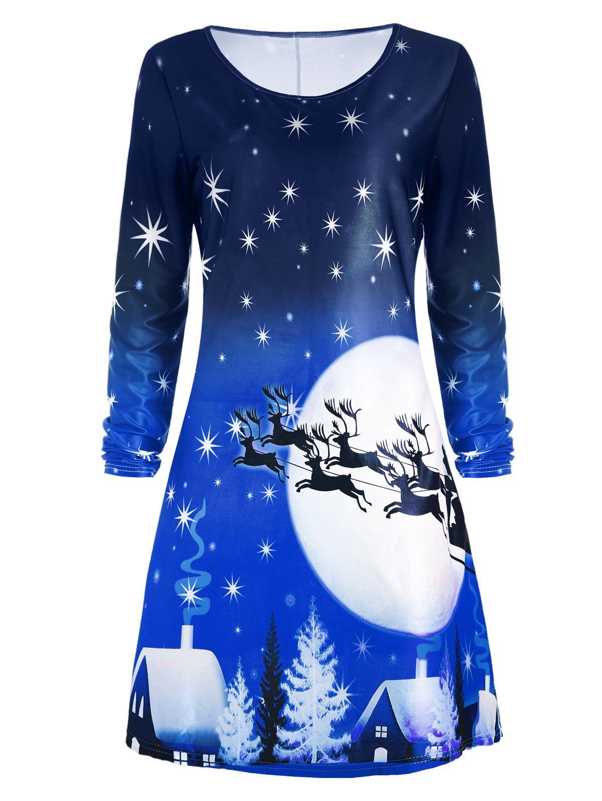 

Christmas Deer Long Sleeve Tee Skater Dress, Blue