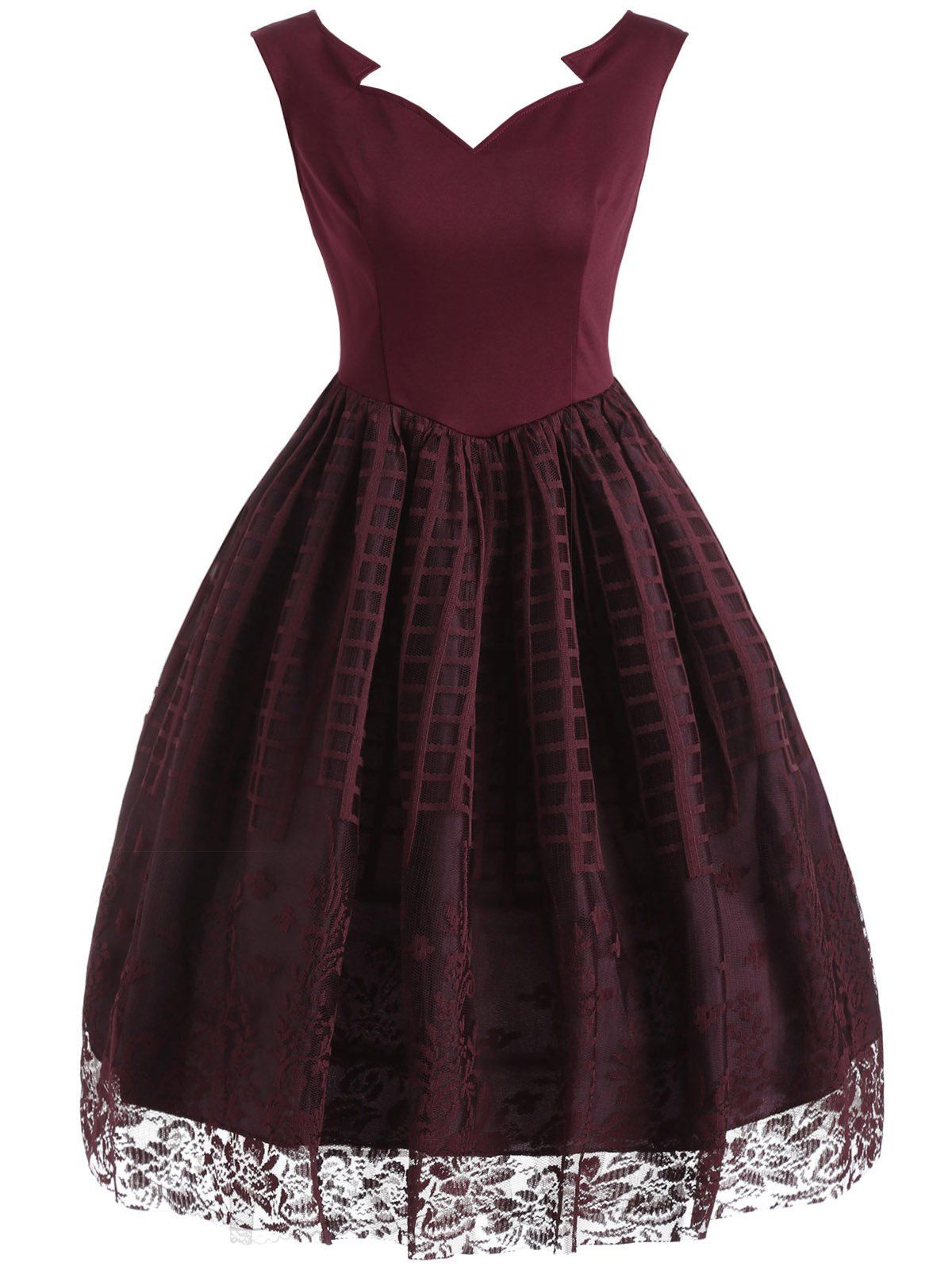 [28 OFF] Sleeveless Plaid Floral Lace Vintage Dress Rosegal