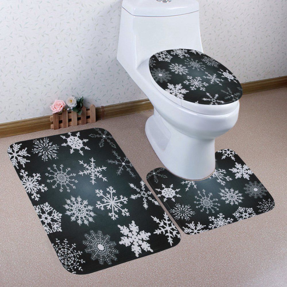 

Christmas Snowflake Pattern 3 Pcs Bath Mat Toilet Mat, Black grey