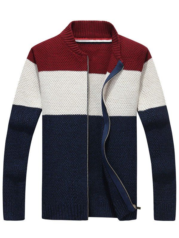 [73% OFF] Stand Collar Zip Up Striped Sweater | Rosegal