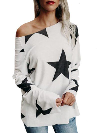 

Star Print Skew Neck T-shirt, White