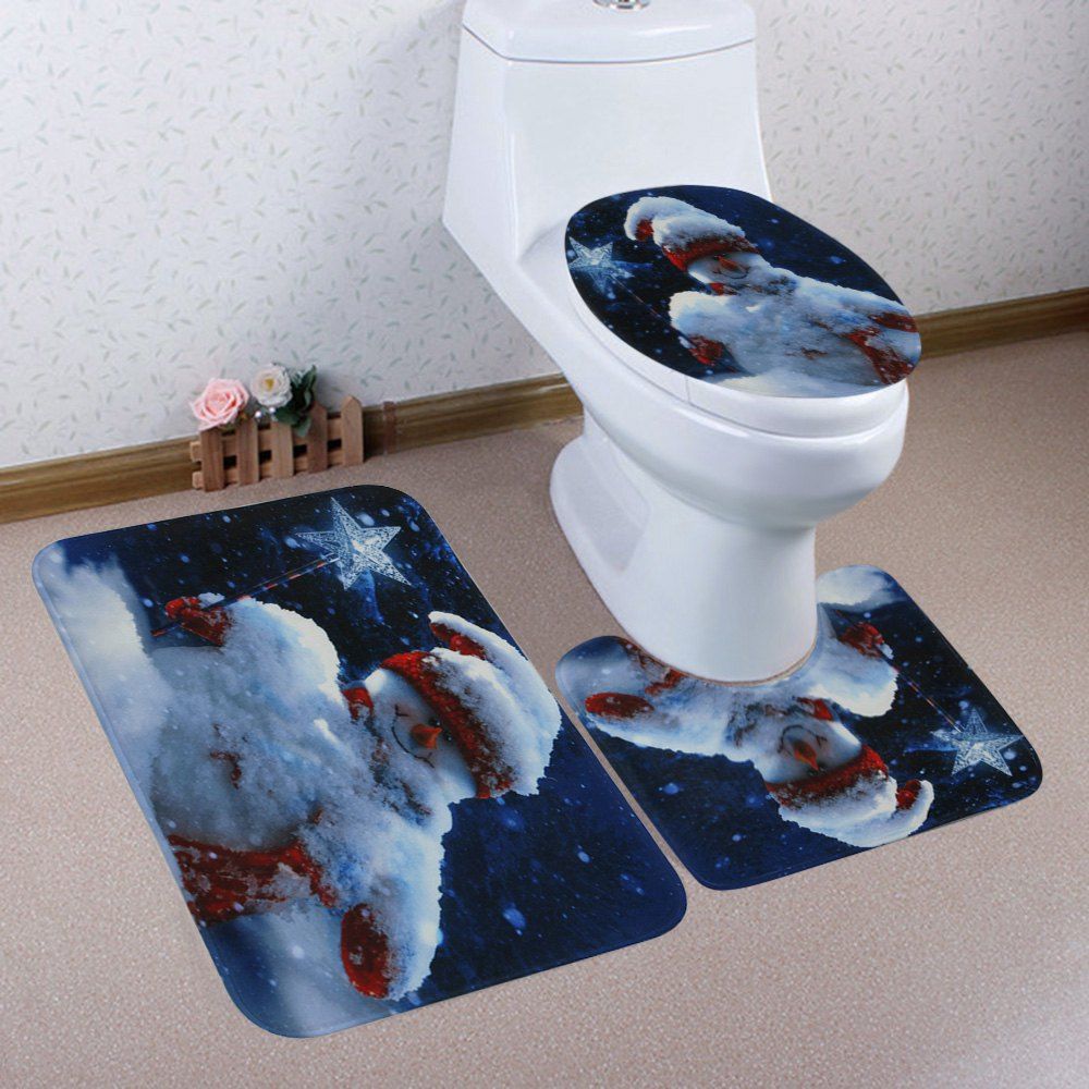 

Christmas Snowman Star Pattern 3 Pcs Bath Mat Toilet Mat, Colormix