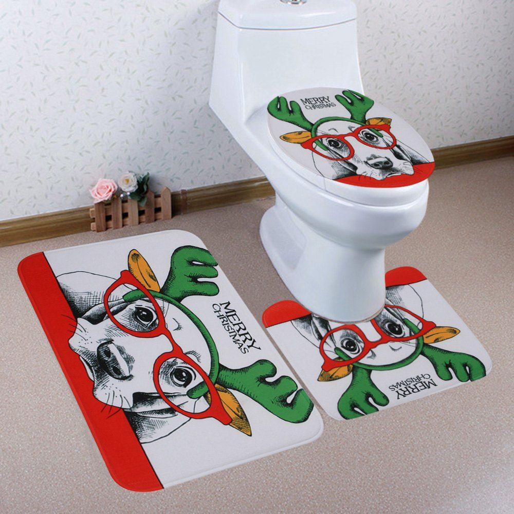 

Christmas Dog Pattern 3 Pcs Bath Mat Toilet Mat, Colormix