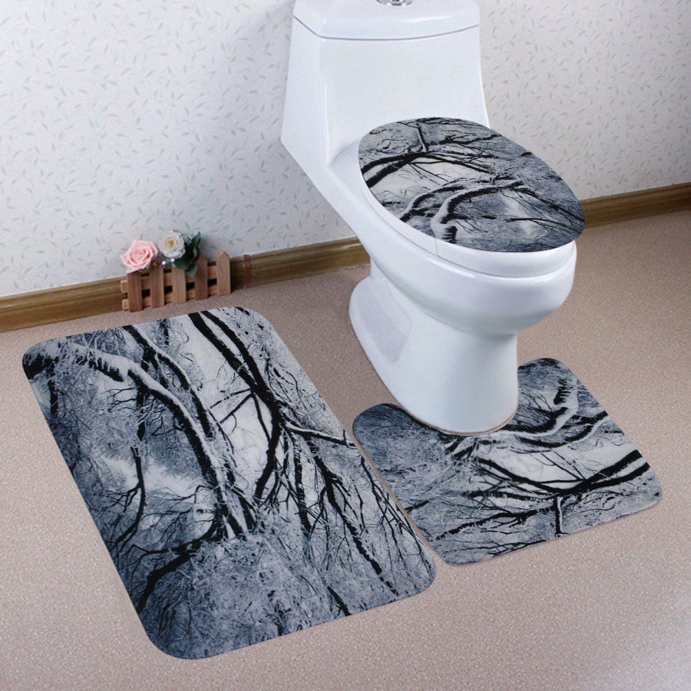 

Christmas Snow Tree Pattern 3 Pcs Bath Mat Toilet Mat, Gray