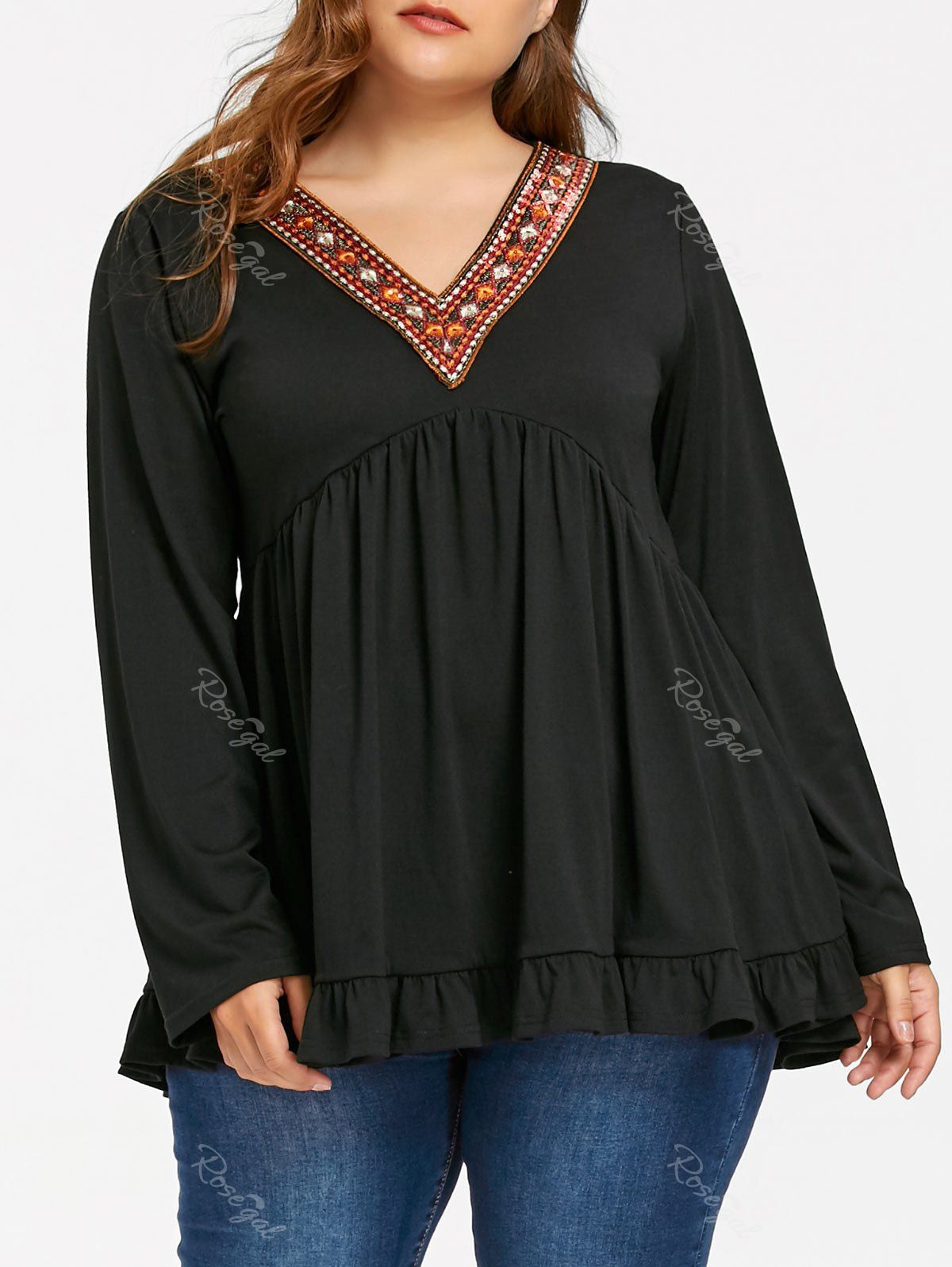 

Plus Size Embellished V Neck Flounced Babydoll Top, Black