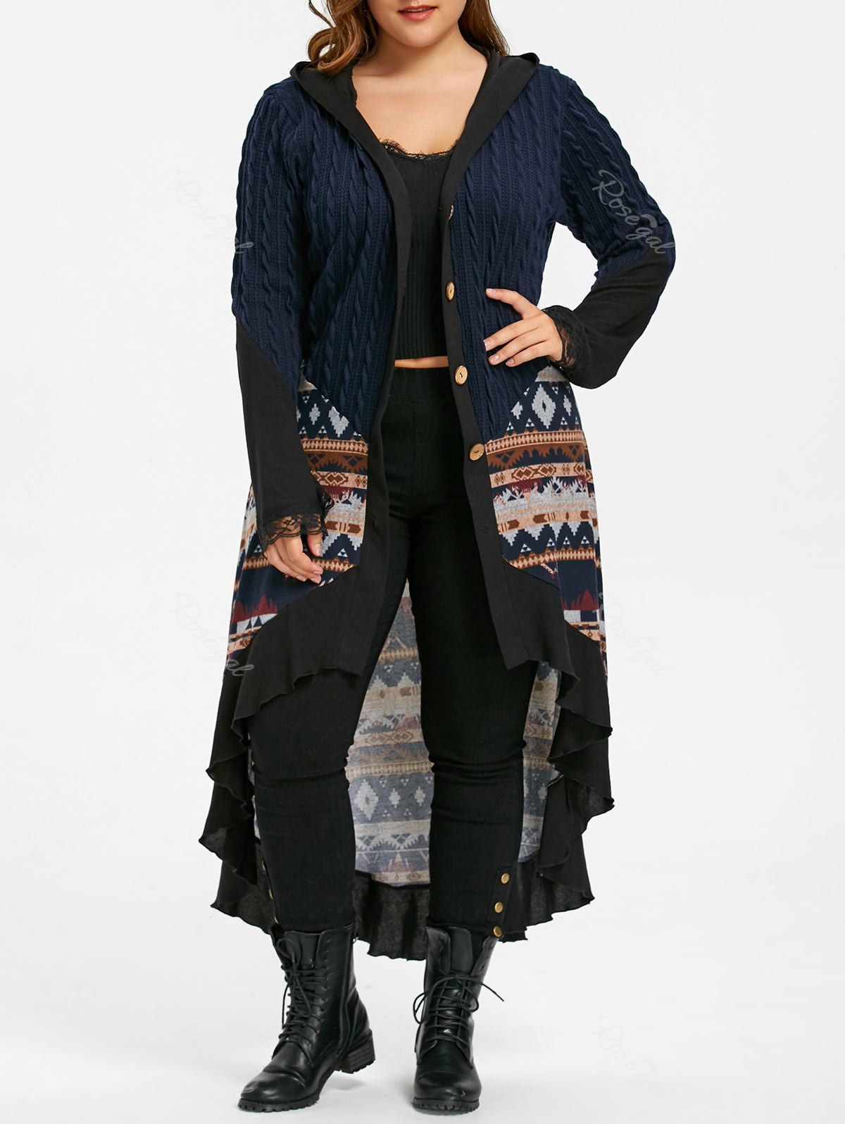 

Plus Size Hooded Tribal Print Dip Hem Coat, Purplish blue