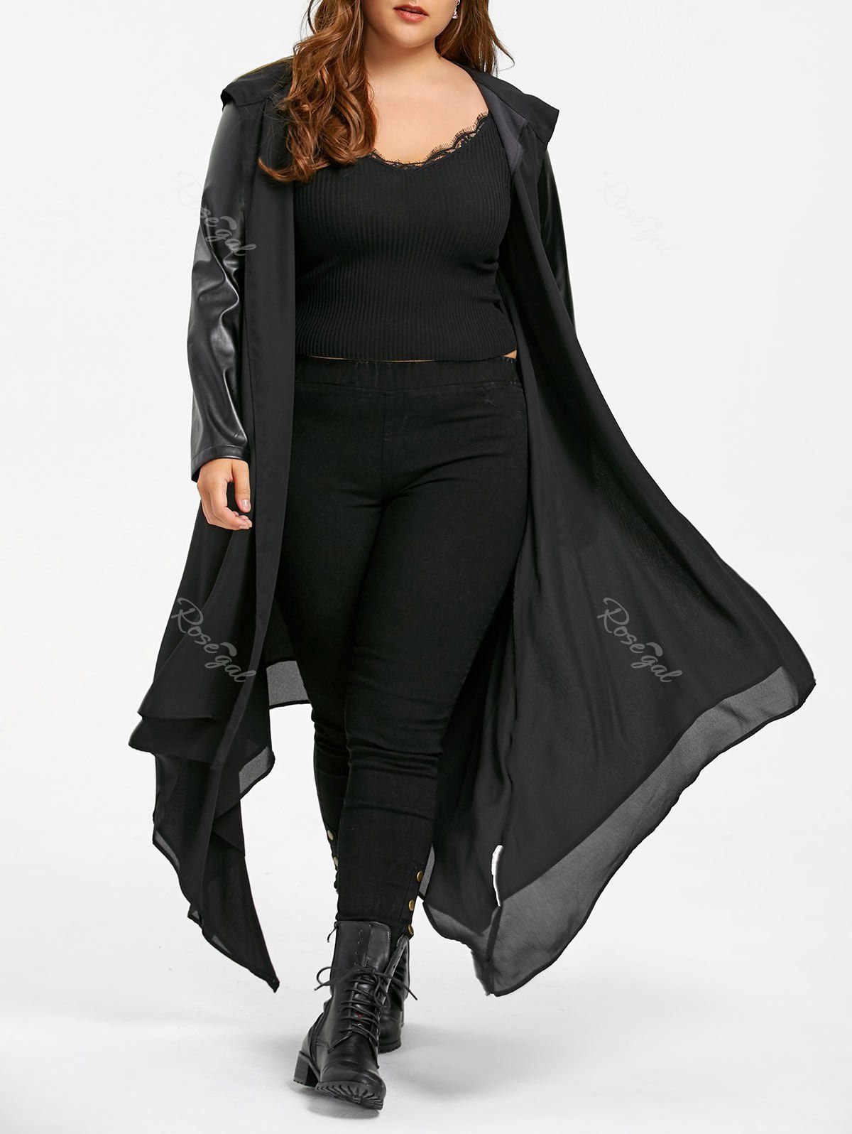 

PU Leather Panel Hooded Duster Coat, Black