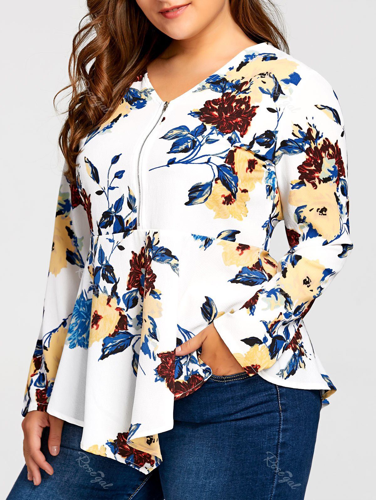 

Plus Size Asymmetric Half Zipper Floral Long Sleeve Blouse, White