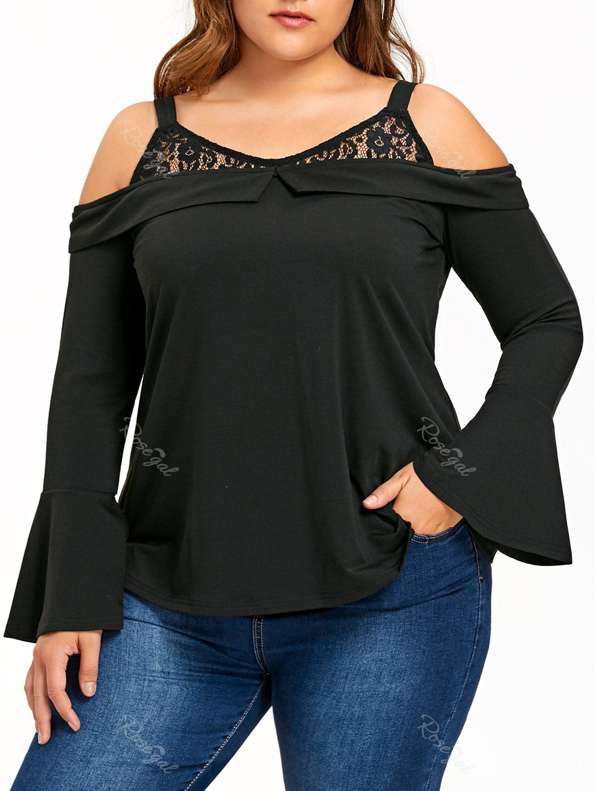 

Plus Size Foldover Lace Trim Flare Sleeve Top, Black