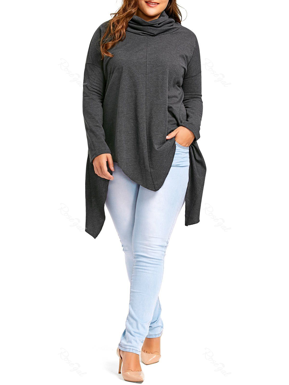 

Plus Size Long Sleeve Drop Shoulder Handkerchief Top, Deep gray