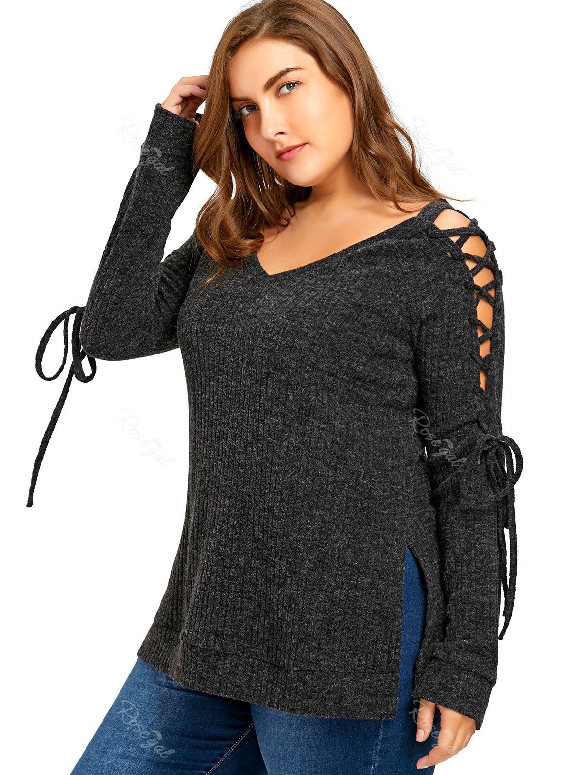 

Plus Size Long Sleeve Ribbed Side Slit Lace Up Top, Dark grey