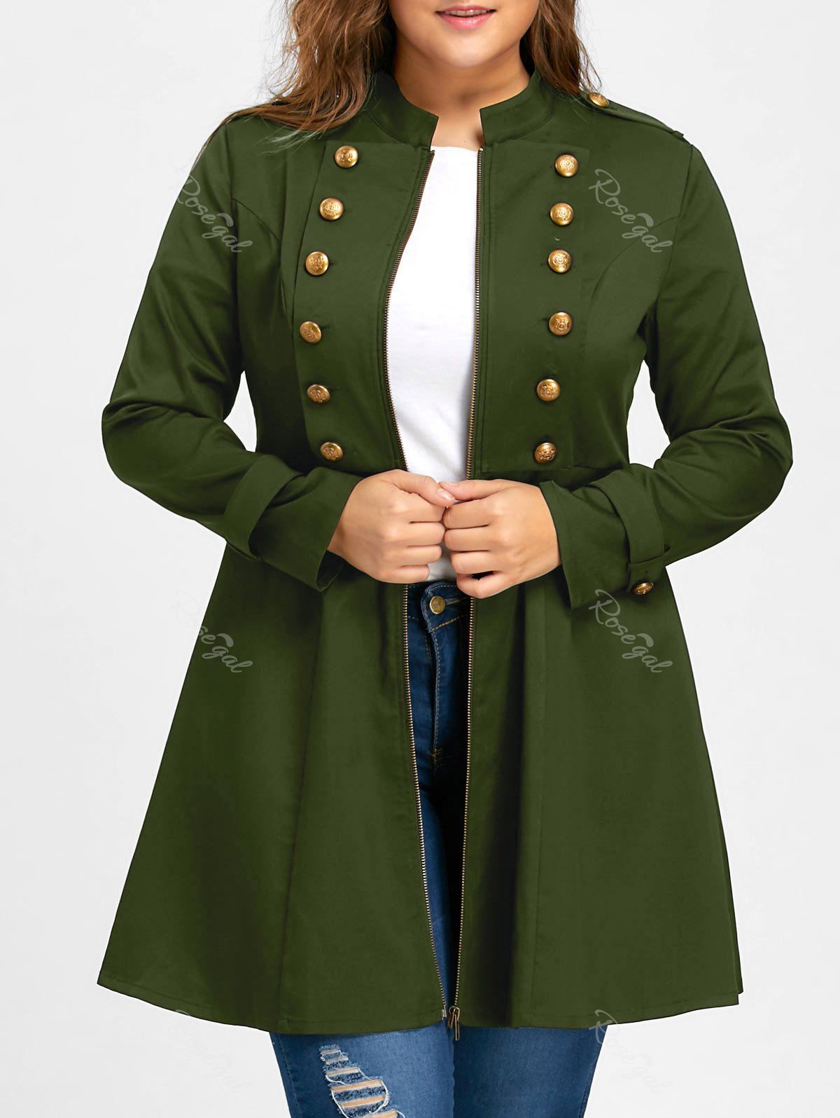 

Plus Size Double Breasted Epaulet Flare Coat, Army green