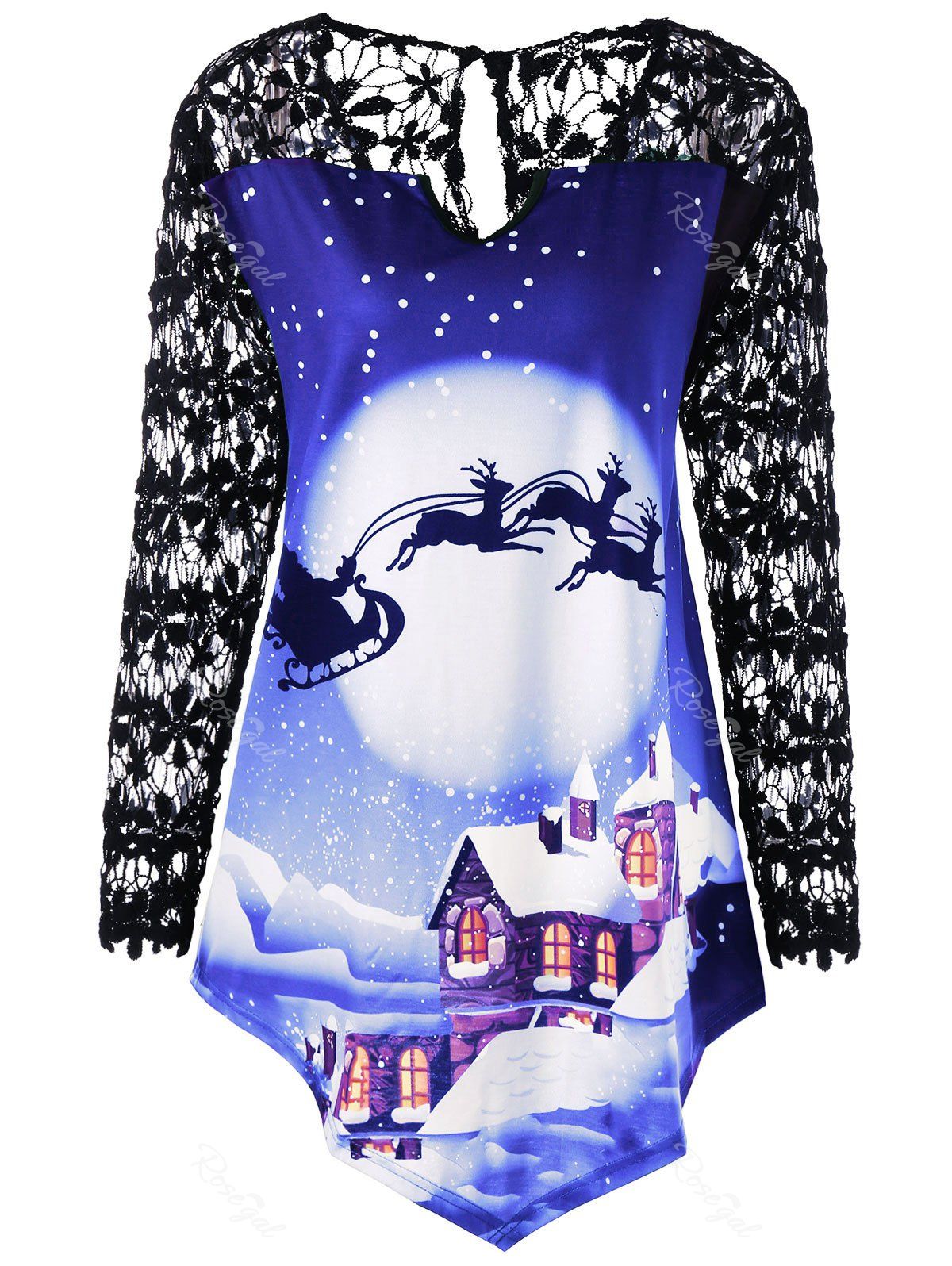

Christmas Plus Size Lace Panel Tunic Top, Blue