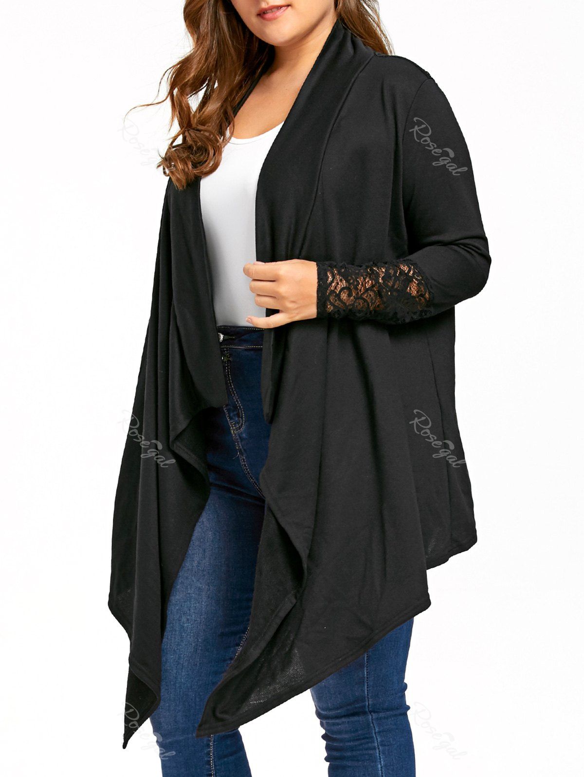 

Plus Size Sheer Lace Trim Drape Cardigan, Black