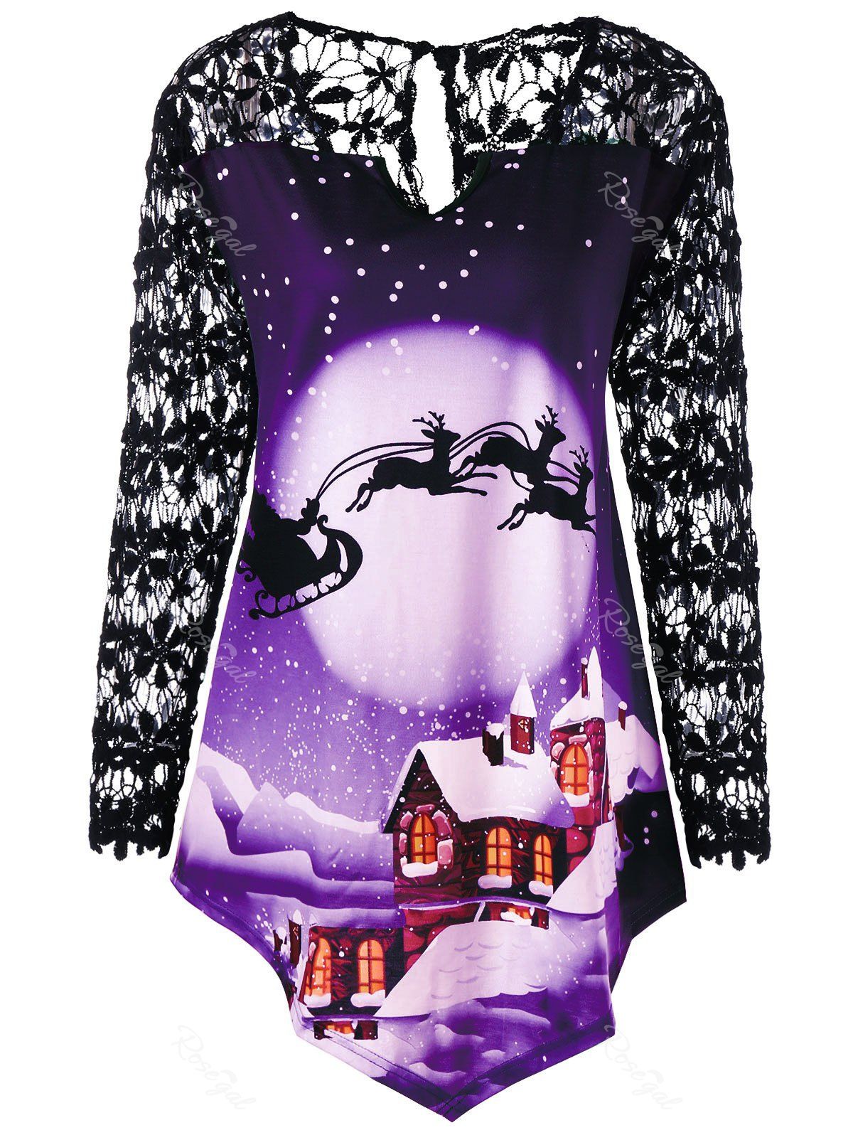 

Christmas Plus Size Lace Panel Tunic Top, Purple