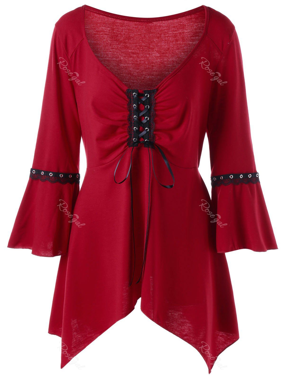 

Plus Size Flare Sleeve Lace Up Tee, Wine red