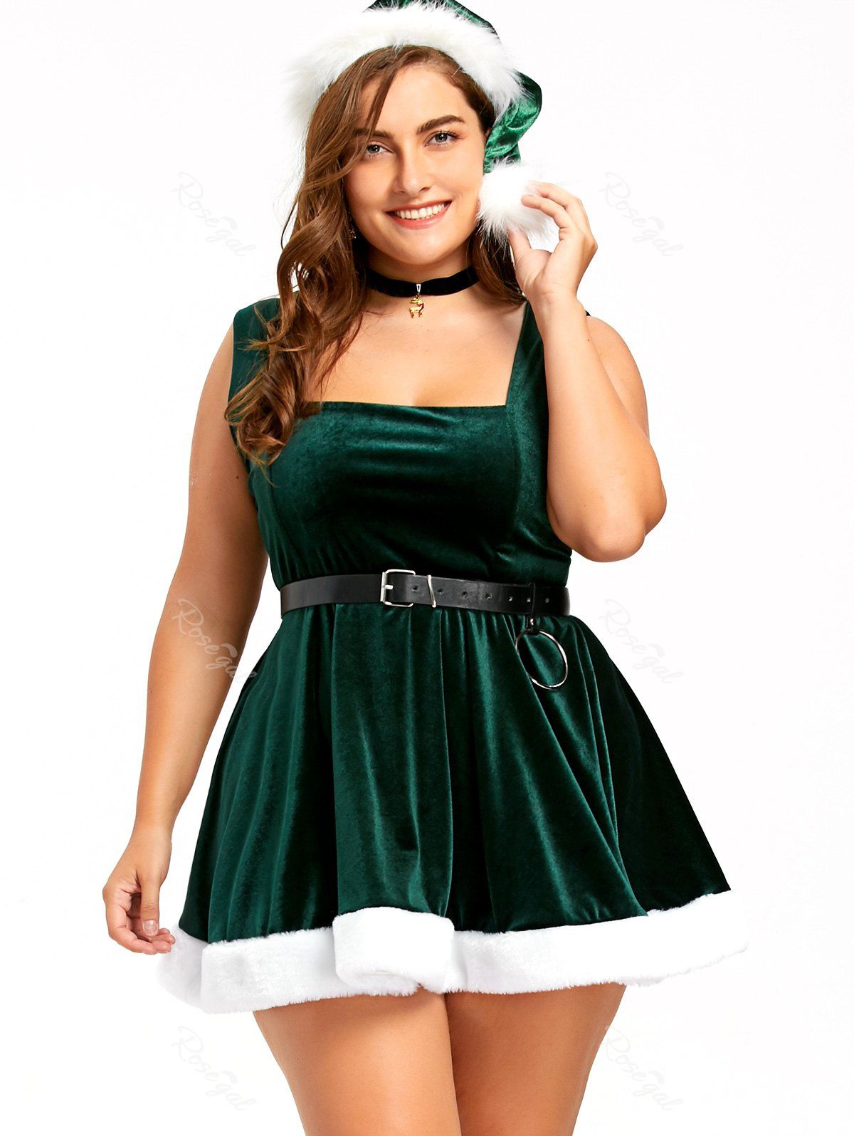 

Christmas Party Sleeveless Lace Up Skater Dress with Hat, Deep green