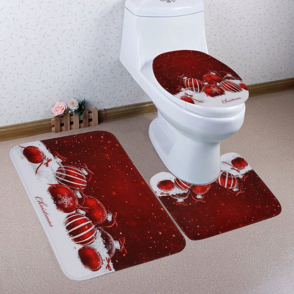 

Christmas Baubles Snowfield Pattern 3 Pcs Bath Mat Toilet Mat, Red