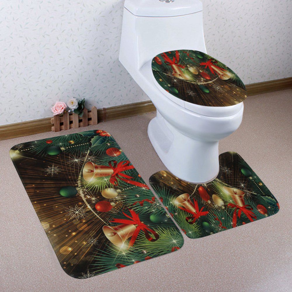 

Christmas Baubles Bells Pattern 3 Pcs Bath Mat Toilet Mat, Colormix