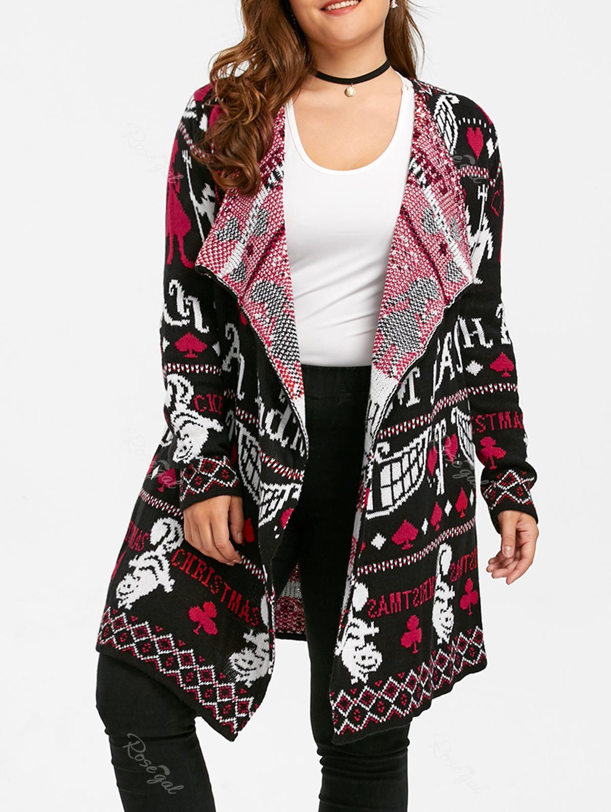 

Ugly Christmas Plus Size Sweater Drape Cardigan, Black&red