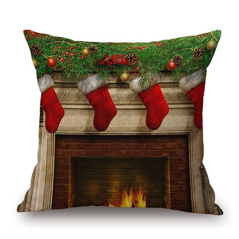 

Christmas Fireplace Print Decorative Linen Sofa Pillowcase, Colormix