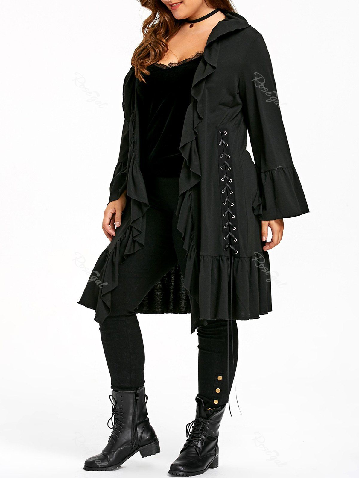 

Plus Size Gothic Ruffle Lace Up Coat, Black