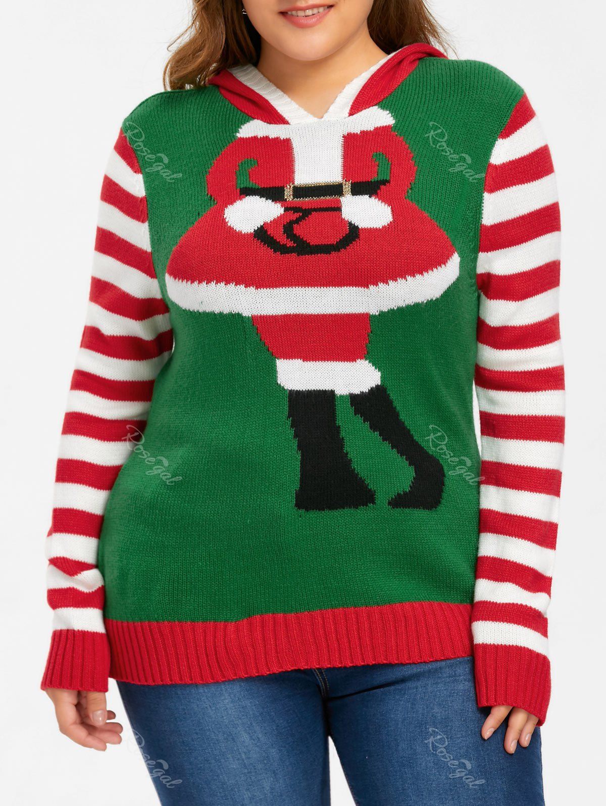 

Plus Size Christmas Striped Hooded Knitwear, Red and green