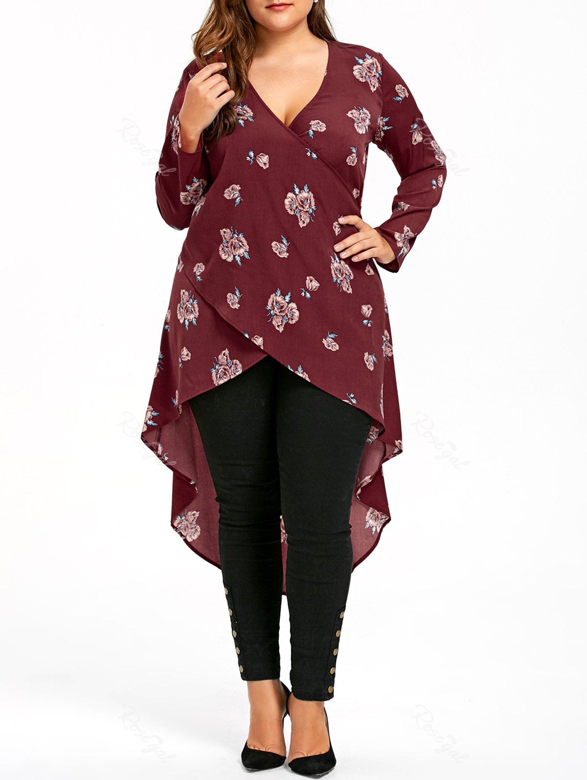 

Plus Size Crossover Tiny Floral Dip Hem Blouse, Brick-red
