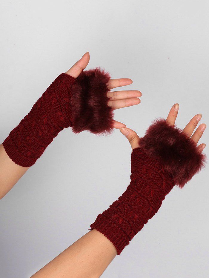 

Soft Fur Winter Knitted Fingerless Gloves, Wine red