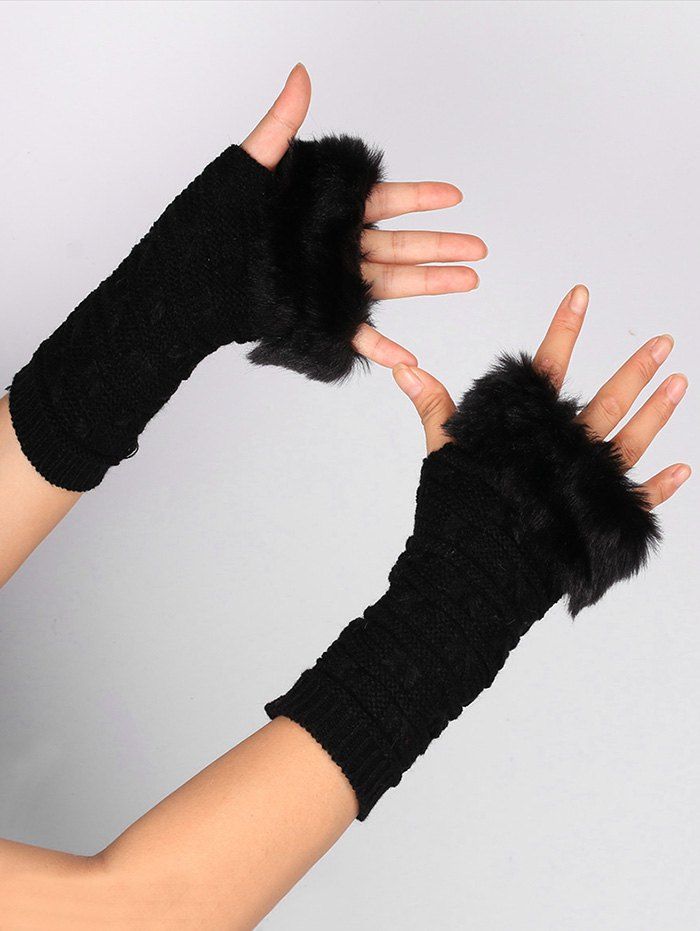 

Soft Fur Winter Knitted Fingerless Gloves, Black