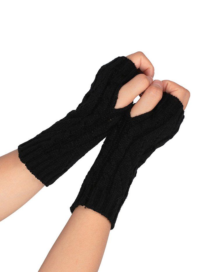 

Outdoor Letter V Shape Hollow Out Fingerless Knitted Gloves, Black