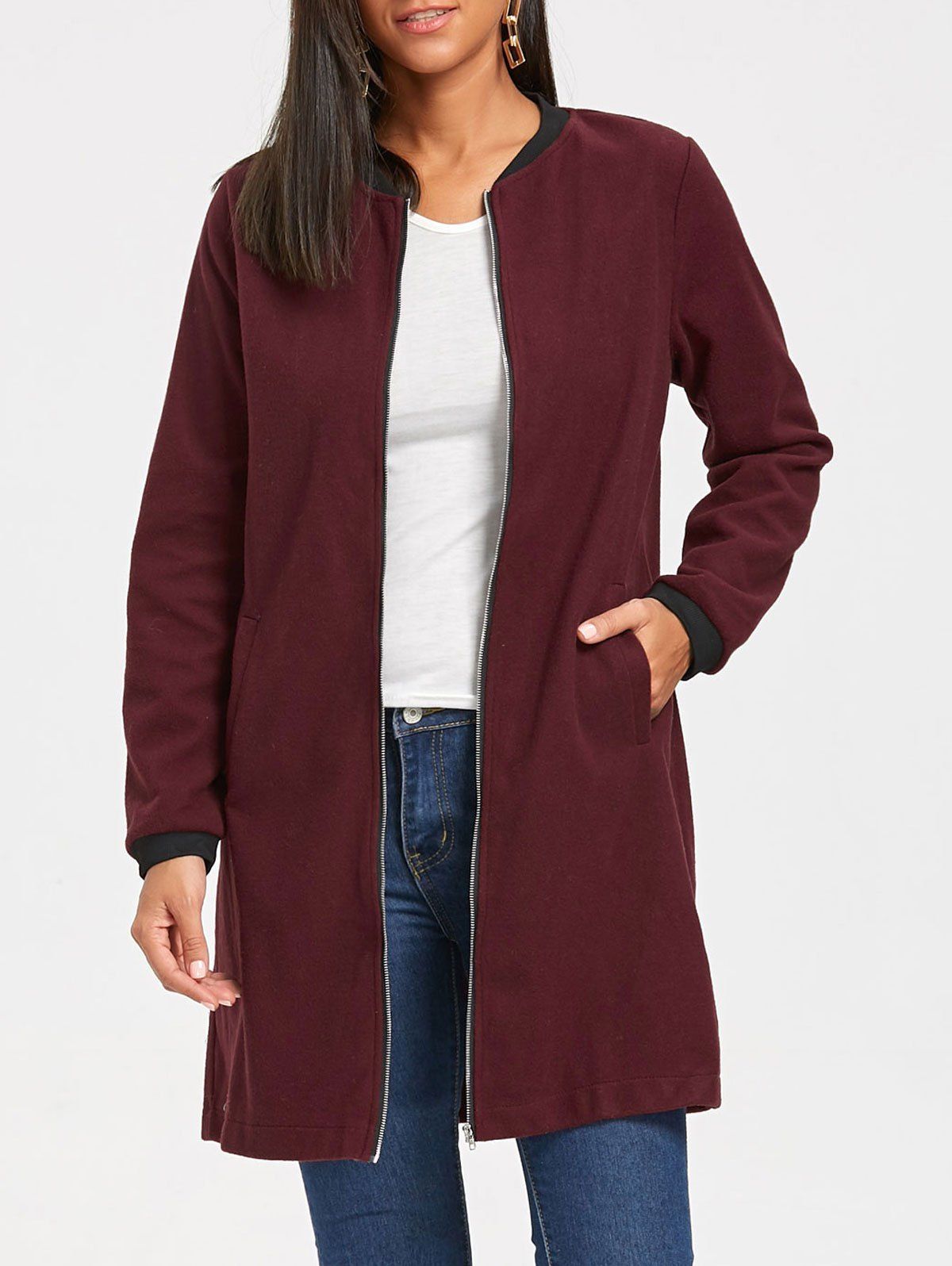 

Slim Fit Zip Up Long Coat, Wine red