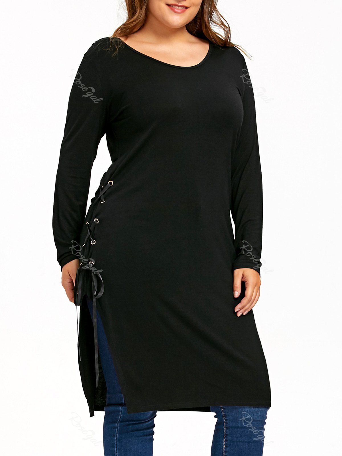 

Plus Size Side Slit Lace Up Longline Top, Black