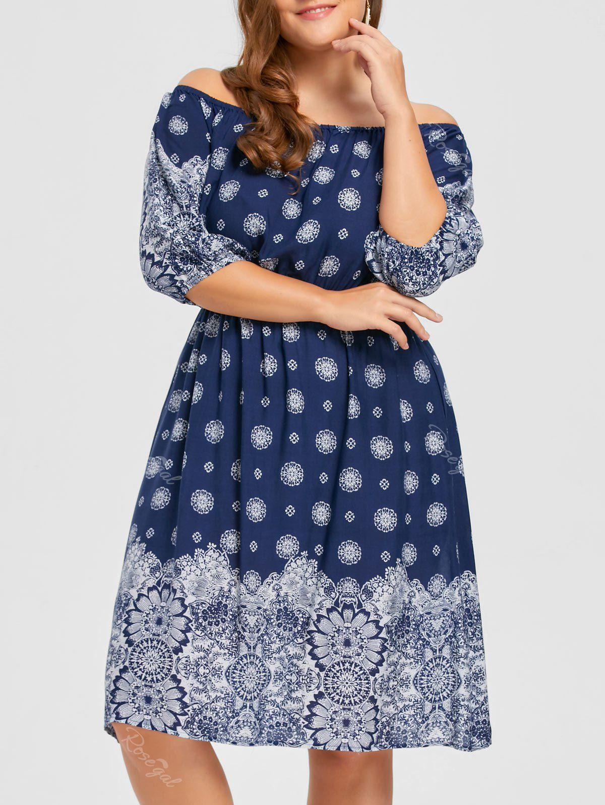 

Bohemian Plus Size Floral Off The Shoulder Dress, Purplish blue