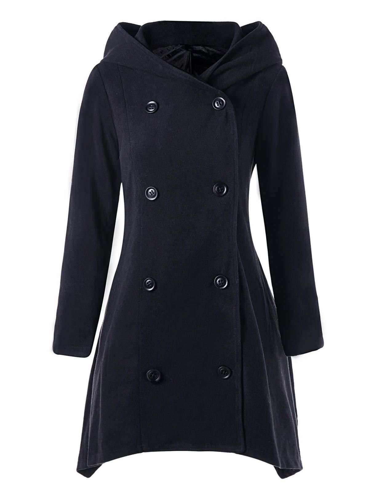 

Asymmetric Double Breasted Hooded Coat, Black