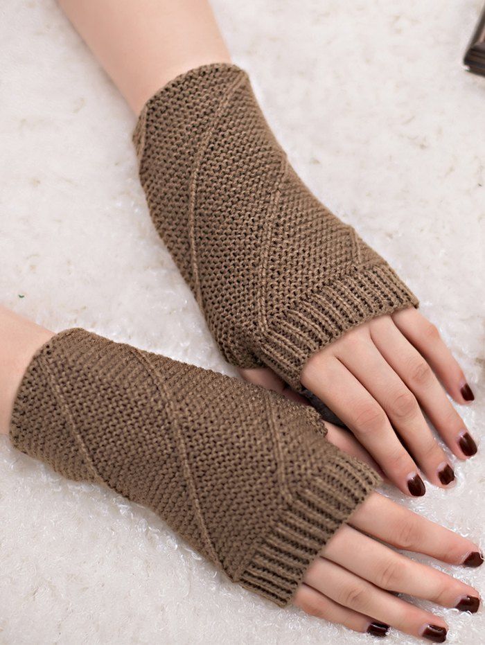 

Outdoor Striped Pattern Exposed Finger Knitted Gloves, Khaki
