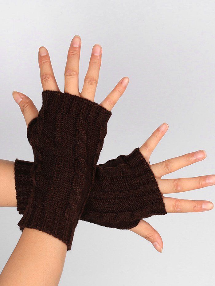 

Outdoor Hollow Out Embellished Knitted Exposed Finger Gloves, Coffee