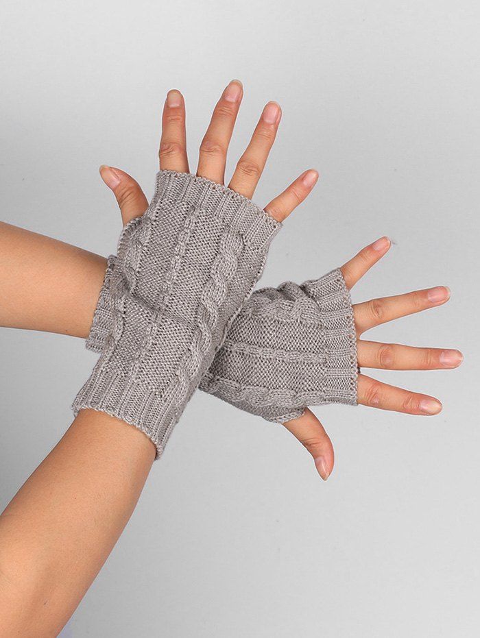 

Outdoor Hollow Out Embellished Knitted Exposed Finger Gloves, Light gray