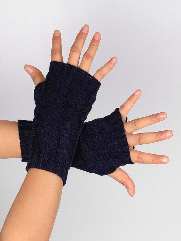 

Outdoor Hollow Out Embellished Knitted Exposed Finger Gloves, Purplish blue