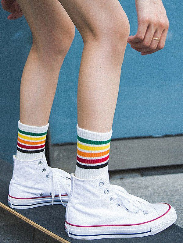 

Colorful Striped Pattern Tube Socks, White