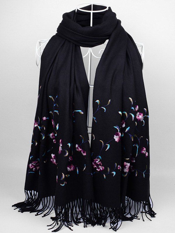 

Vintage Floral Embroidery Faux Wool Long Scarf, Black