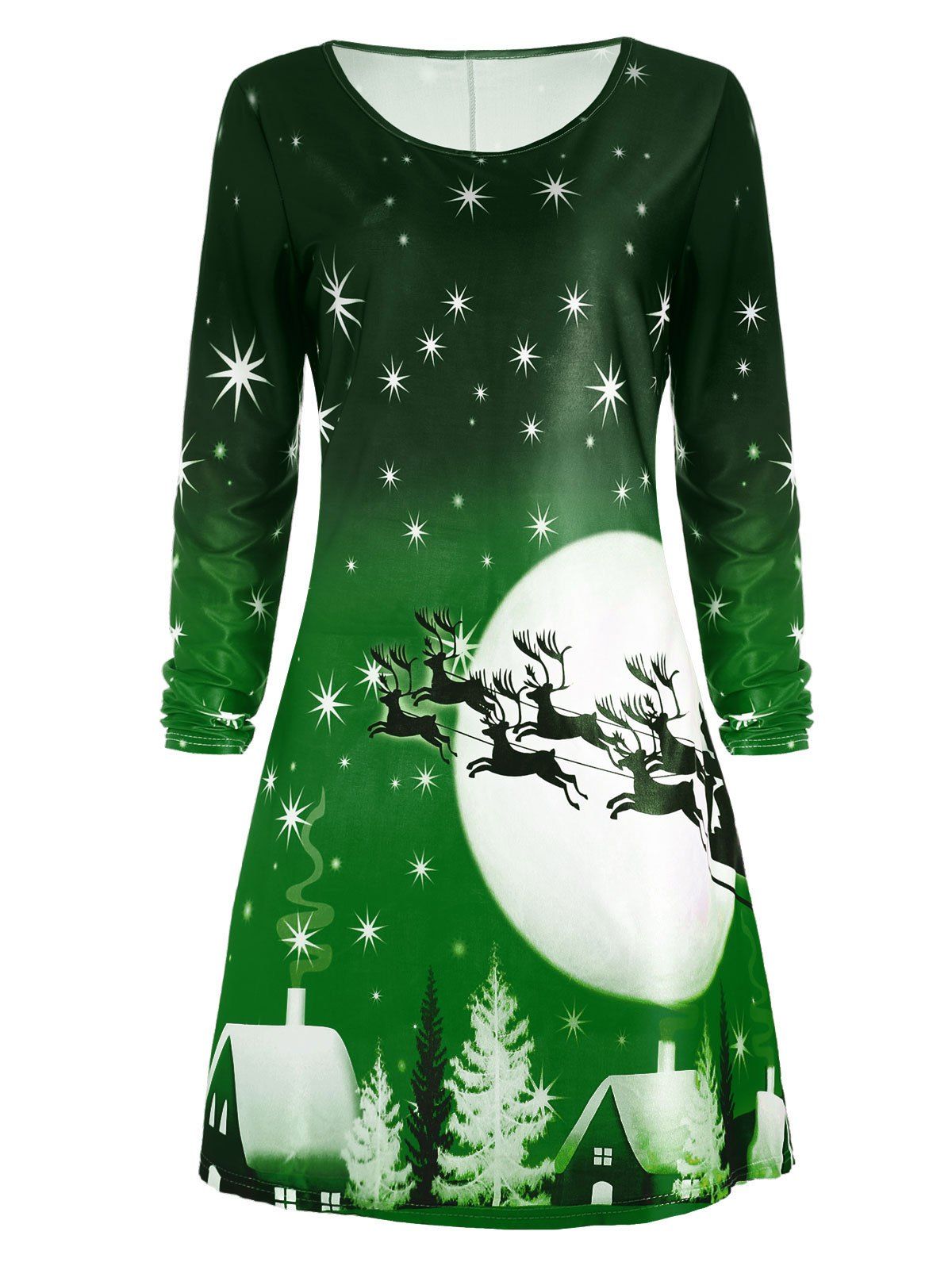 

Christmas Deer Long Sleeve Tee Skater Dress, Green