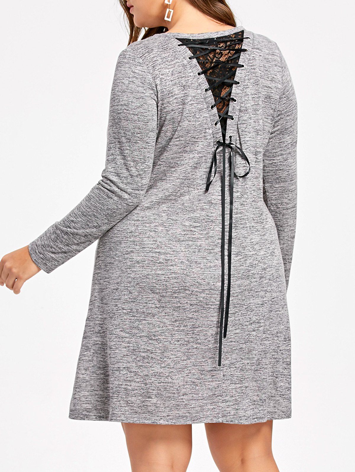 

Plus Size Lace Up Marled Long Sleeve Tee Dress, Gray