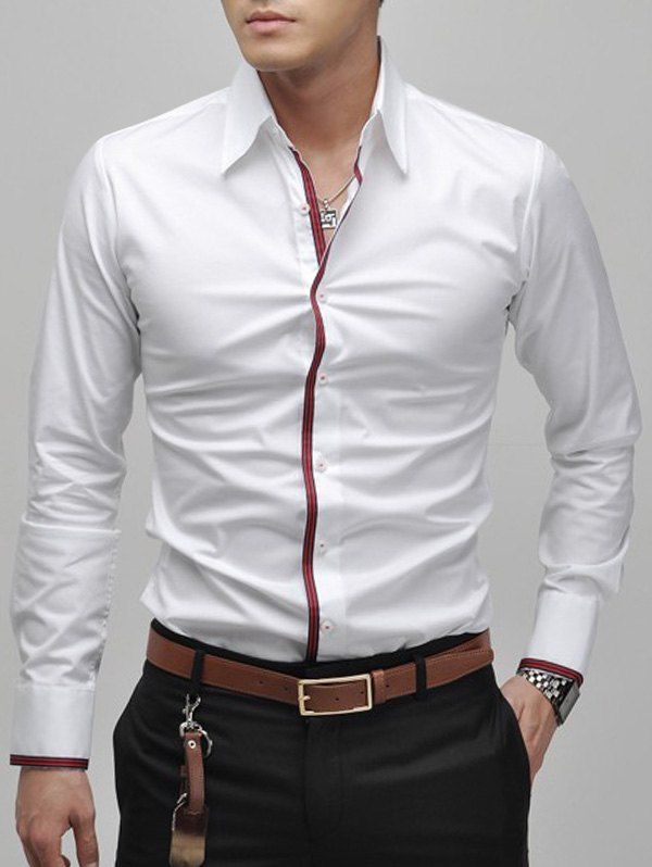 

Slimming Lapel Striped Hem Long Sleeve Cotton Blend Men's Casual Shirt, White