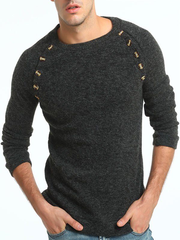 

Raglan Sleeve Button Embellished Sweater, Deep gray