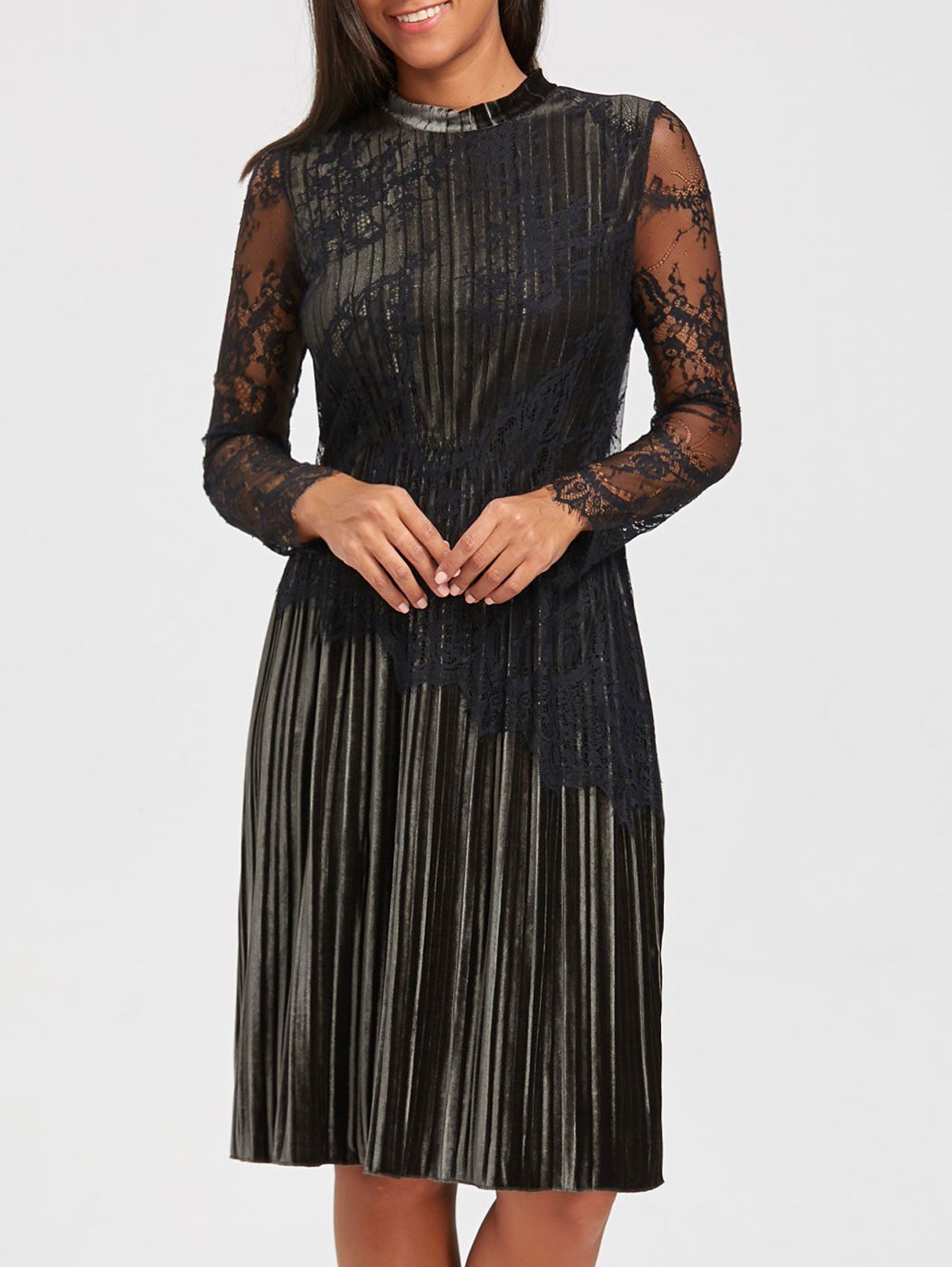 lace panel sleeve pleated dress