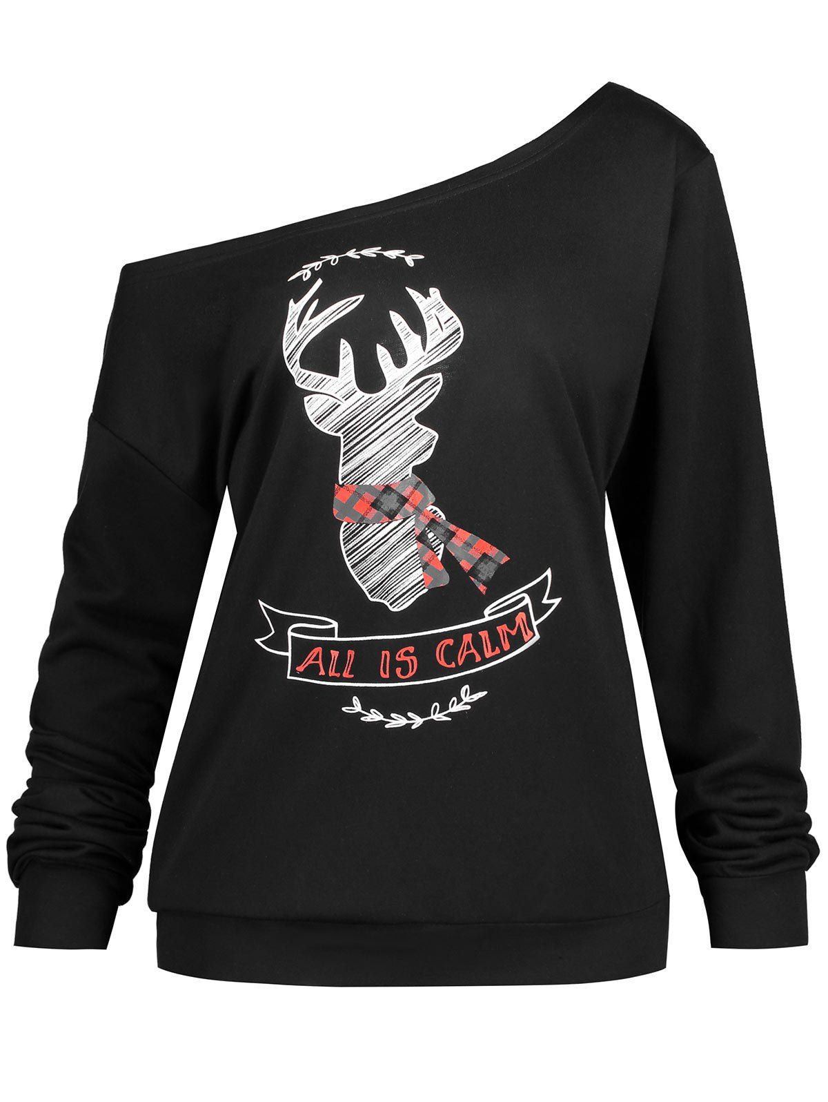 

Plus Size Christmas Elk Letter Print Sweatshirt, Black